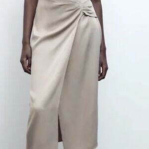 Zara Champagne Satin Ruched Midi Skirt